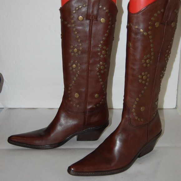 37.5/7.5❤️ SARTORE PARIS Leather Heels Biker Riding Mid Calf tall BOOTS ITALY - Picture 1 of 16